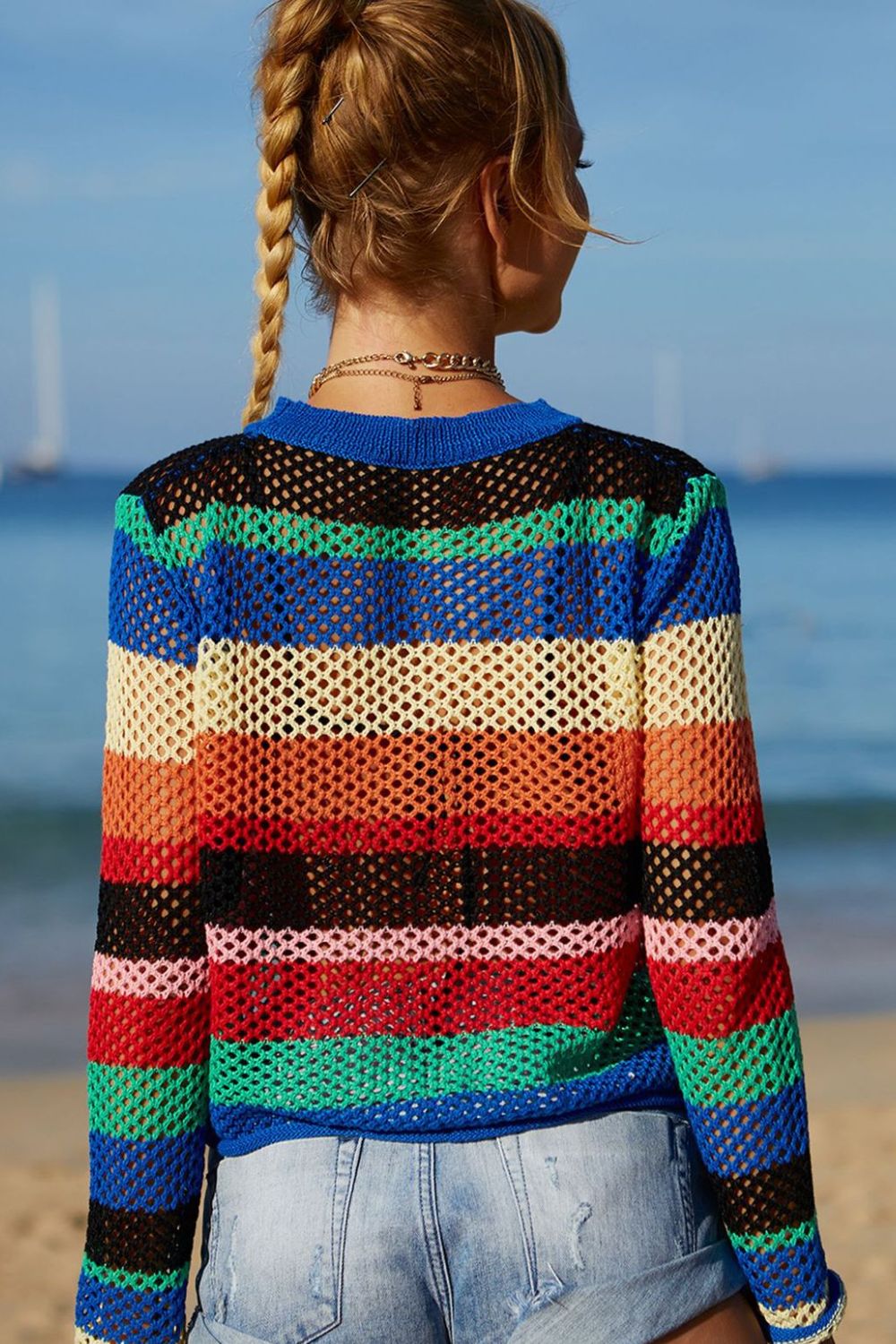 Rainbow Stripe Openwork Long Sleeve Cover-Up-Teresa's Fashionista LLC