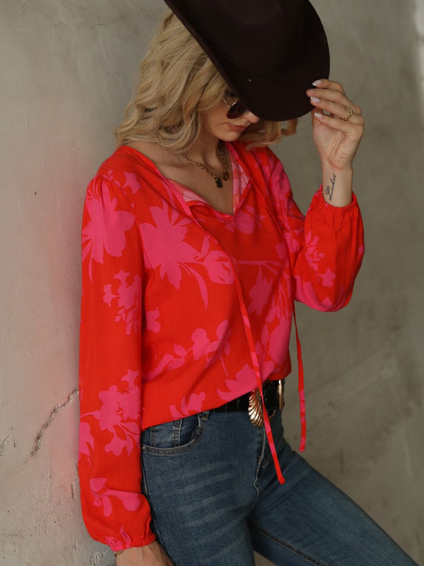 Printed Tie Neck Long Sleeve Blouse-Teresa's Fashionista LLC