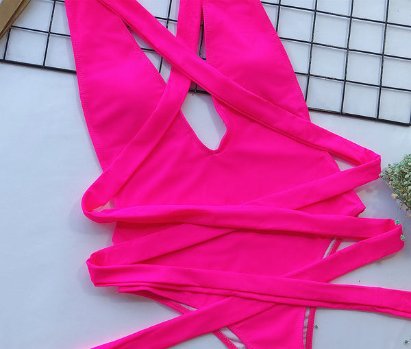 Halter Neck Deep V Tied One-Piece Swimsuit-Teresa's Fashionista LLC