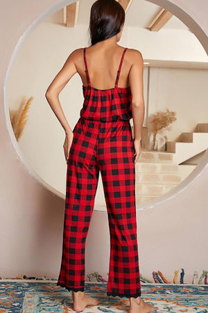 Plaid Lace Trim Spaghetti Strap Jumpsuit-Teresa's Fashionista LLC