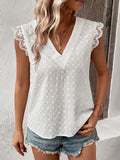 V-Neck Cap Sleeve Spliced Lace Top-Teresa's Fashionista LLC