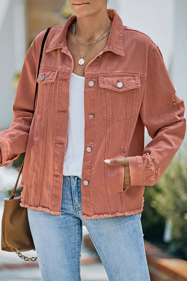 Distressed Raw Hem Denim Jacket-Teresa's Fashionista LLC