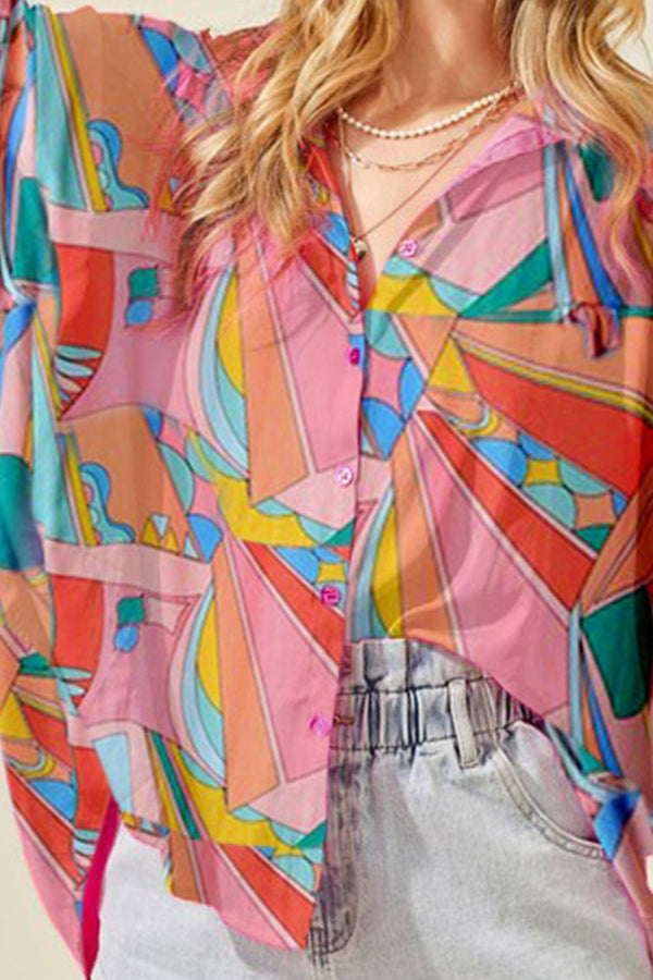 Printed Dolman Sleeve Collared Shirt-Teresa's Fashionista LLC