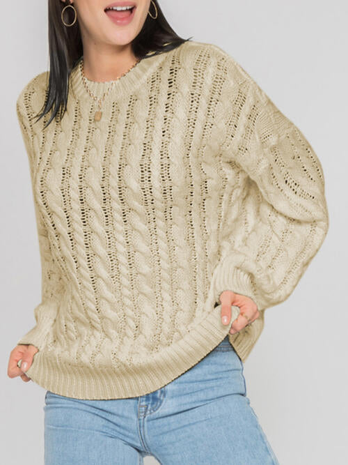 Openwork Round Sleeve Cable-Knit Sweater-Teresa&#39;s Fashionista LLC