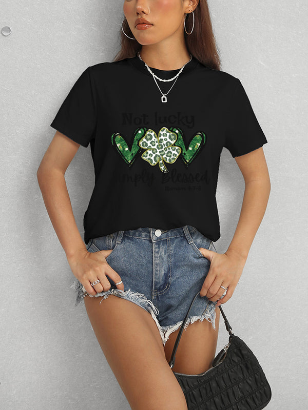 Lucky Clover Round Neck Short Sleeve T-Shirt-Teresa's Fashionista LLC