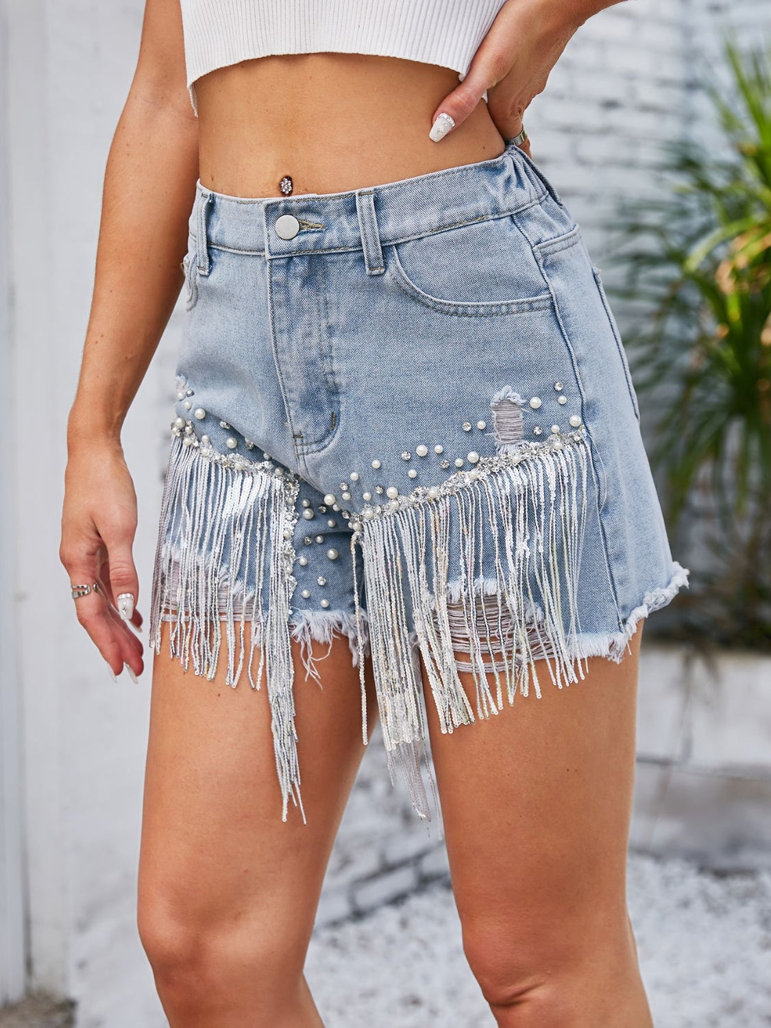 Distressed Pearl Trim Denim Shorts with Pockets-Teresa&#39;s Fashionista LLC