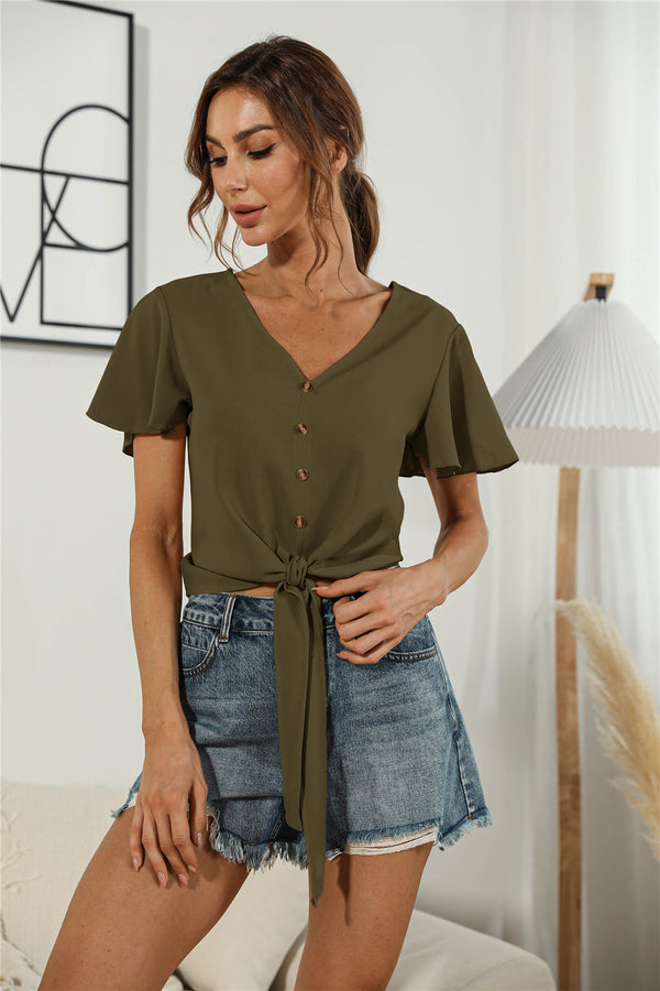 Decorative Button V-Neck Tied Blouse-Teresa's Fashionista LLC