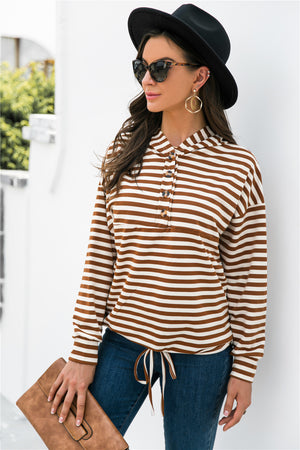 Striped Half-Button Dropped Shoulder Hoodie-Teresa's Fashionista LLC