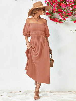 Off-shoulder balloon sleeve midi dress with A-line hem and chic style.