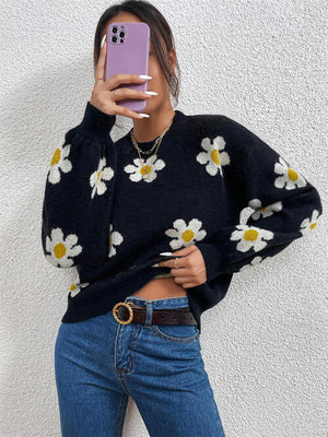 Flower Round Neck Latern Sleeve Sweater-Teresa's Fashionista LLC