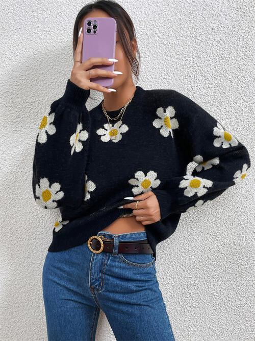 Flower Round Neck Latern Sleeve Sweater-Teresa's Fashionista LLC