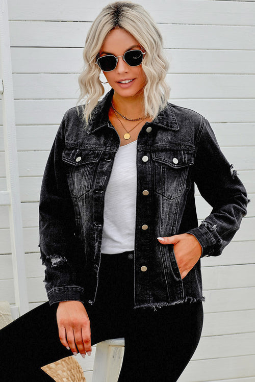 Distressed Raw Hem Denim Jacket-Teresa's Fashionista LLC