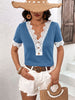 Decorative Button Spliced Lace Short Sleeve Top-Teresa's Fashionista LLC