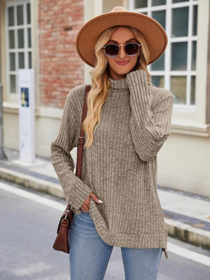 Ribbed Turtleneck Long Sleeve Slit Knit Top-Teresa's Fashionista LLC