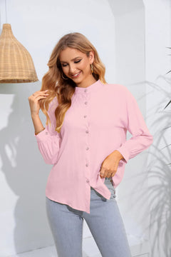 Mock Neck Buttoned Long Sleeve Shirt-Teresa's Fashionista LLC