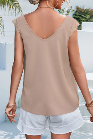 Lace Detail Eyelash Trim V-Neck Tank-Teresa's Fashionista LLC