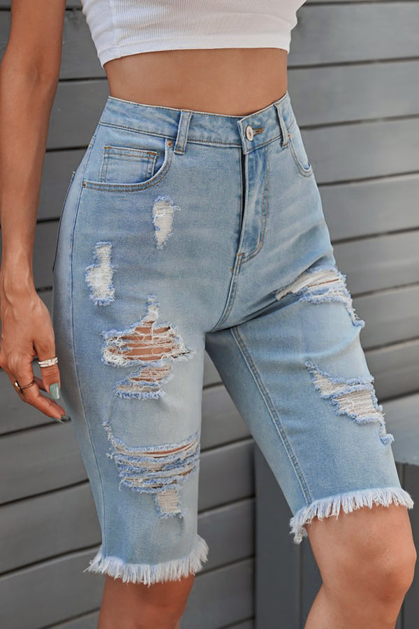 Distressed Raw Hem Denim Bermuda Shorts-Teresa's Fashionista LLC