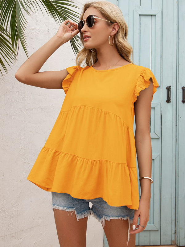 Round Neck Flutter Sleeve Tiered Blouse-Teresa's Fashionista LLC