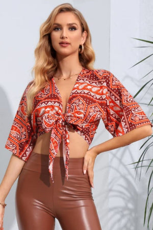 Printed Tie Front Cropped Dolman Sleeve Blouse-Teresa's Fashionista LLC