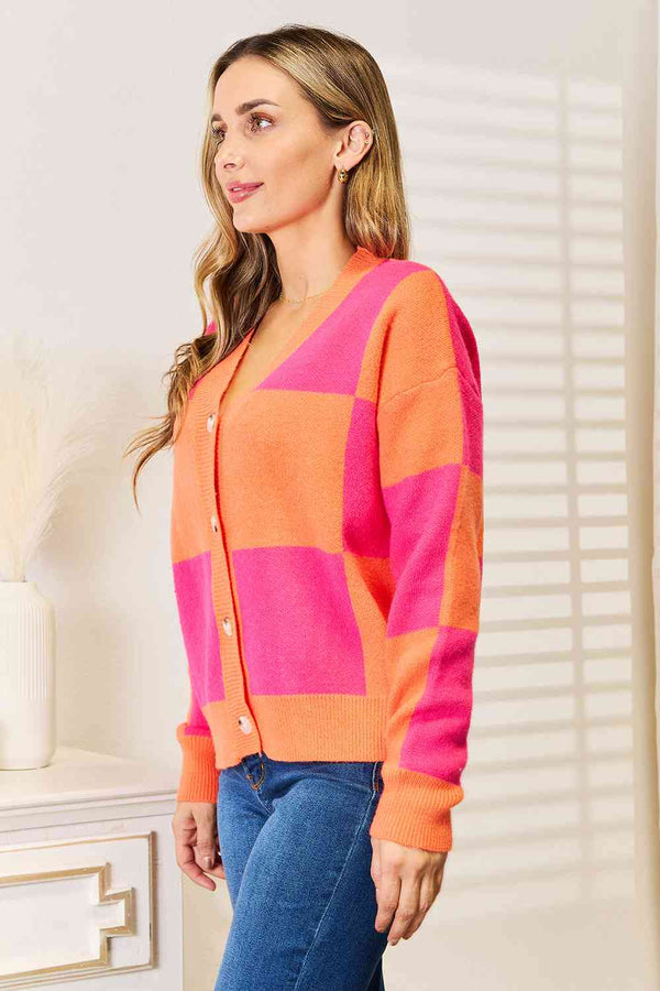 Woven Right Checkered V-Neck Dropped Shoulder Cardigan-Teresa's Fashionista LLC