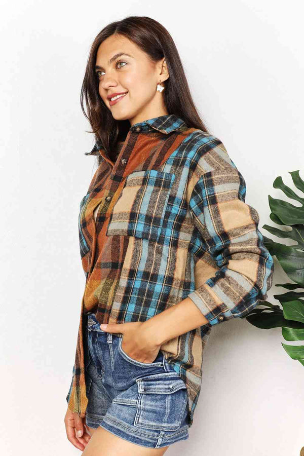 Double Take Plaid Curved Hem Shirt Jacket with Breast Pockets-Teresa's Fashionista LLC