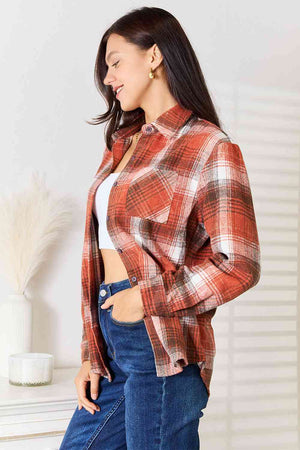 Double Take Plaid Collared Neck Long Sleeve Shirt-Teresa's Fashionista LLC
