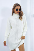 Openwork Turtleneck Long Sleeve Sweater Dress-Teresa's Fashionista LLC