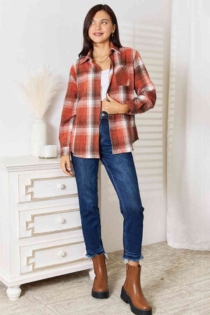Double Take Plaid Collared Neck Long Sleeve Shirt-Teresa's Fashionista LLC