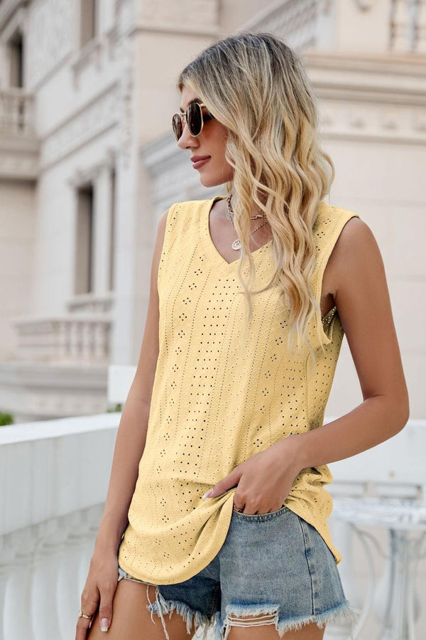 Eyelet V-Neck Tank-Teresa's Fashionista LLC