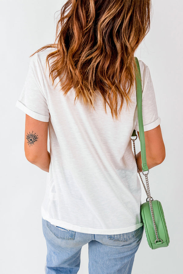Round neck t-shirt with "NOT LUCKY JUST BLESSED" slogan, basic style, white color, short sleeves.
