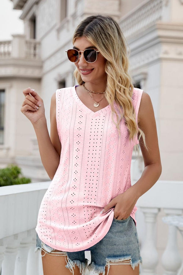 Eyelet V-Neck Tank-Teresa's Fashionista LLC
