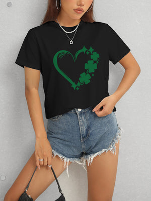 Heart Lucky Clover Round Neck Short Sleeve T-Shirt-Teresa's Fashionista LLC