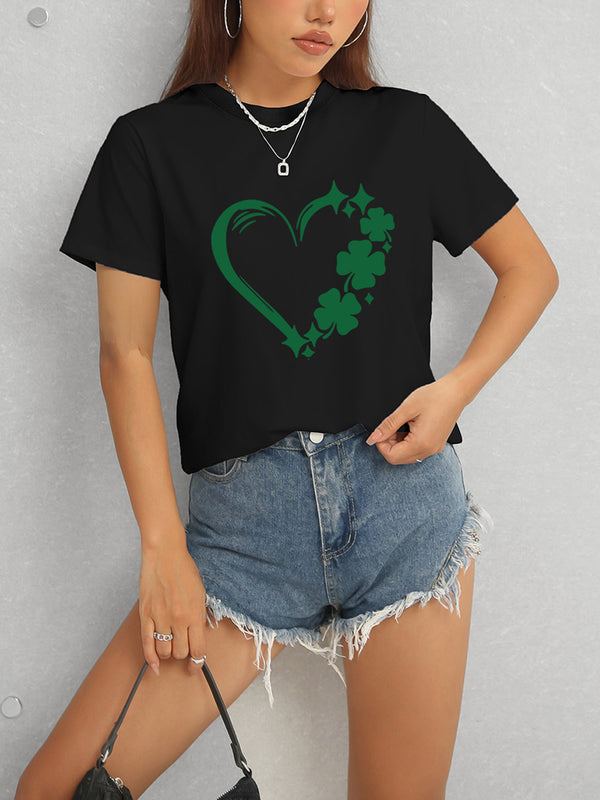 Heart Lucky Clover Round Neck Short Sleeve T-Shirt-Teresa's Fashionista LLC