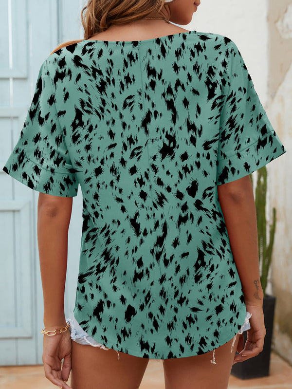 Printed Notched Neck Half Sleeve Blouse-Teresa's Fashionista LLC