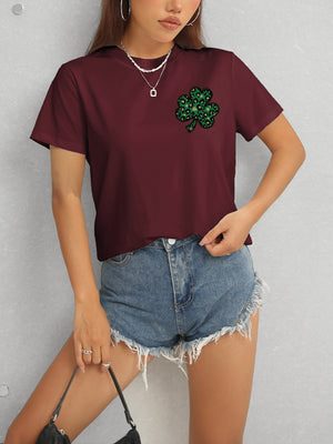 Lucky Clover Round Neck Short Sleeve T-Shirt-Teresa's Fashionista LLC