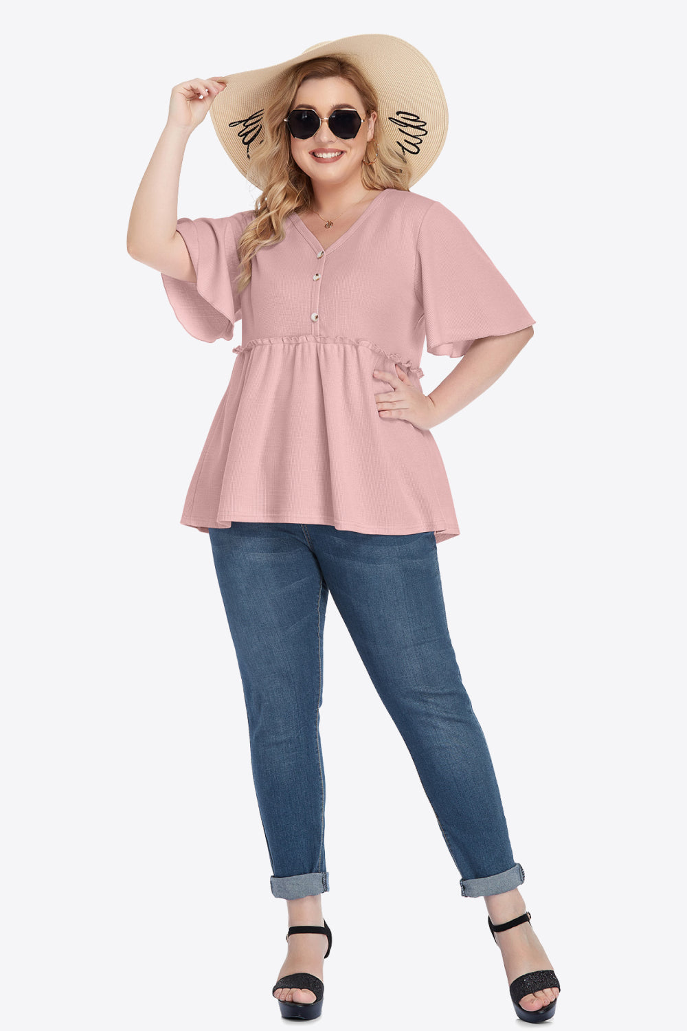 Plus Size Buttoned V-Neck Frill Trim Babydoll Blouse-Teresa&#39;s Fashionista LLC