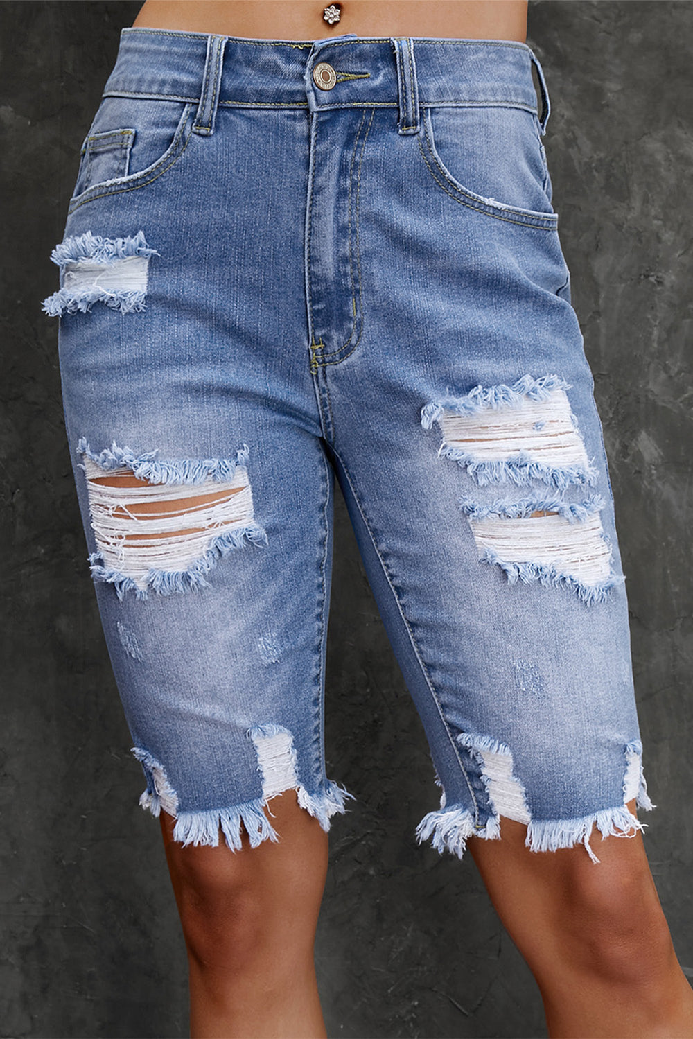 Distressed Frayed Hem Denim Bermuda Shorts-Teresa's Fashionista LLC