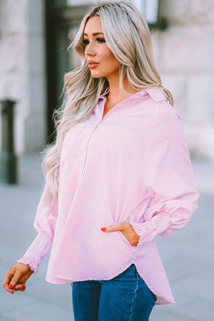 Striped Lantern Sleeve Collared Shirt-Teresa's Fashionista LLC