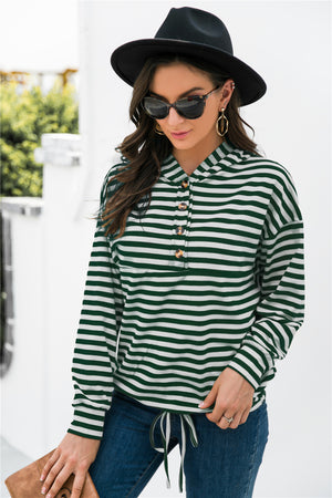 Striped Half-Button Dropped Shoulder Hoodie-Teresa's Fashionista LLC