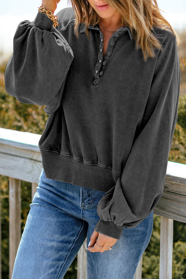 Quarter-Snap Collared Lantern Sleeve Sweatshirt-Teresa's Fashionista LLC