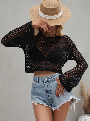 Openwork Flare Sleeve Cropped Cover Up-Teresa's Fashionista LLC