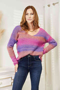 Double Take Multicolored Rib-Knit V-Neck Knit Pullover-Teresa's Fashionista LLC
