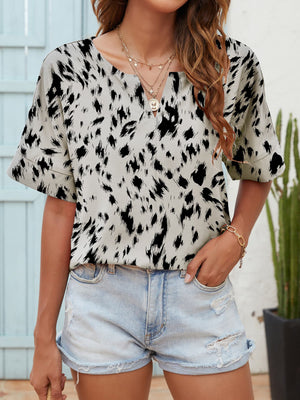 Printed Notched Neck Half Sleeve Blouse-Teresa's Fashionista LLC