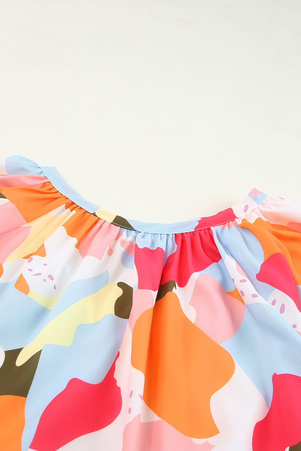 Printed Notched Neck Half Sleeve Blouse-Teresa's Fashionista LLC