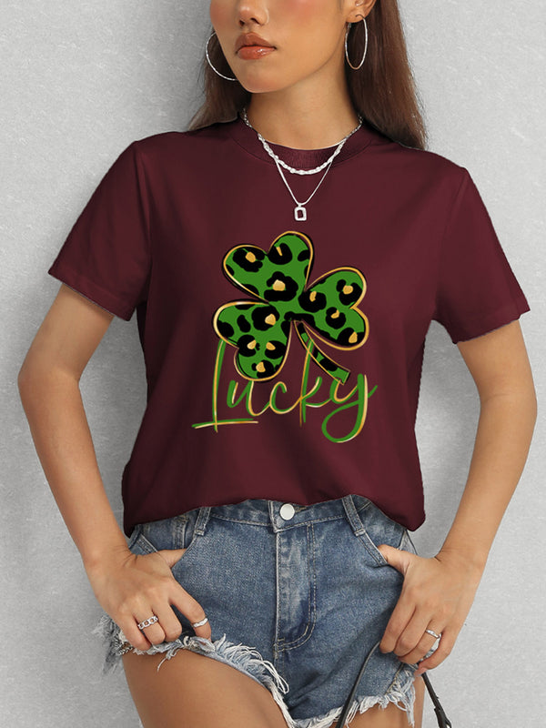 Lucky Clover Round Neck Short Sleeve T-Shirt-Teresa's Fashionista LLC