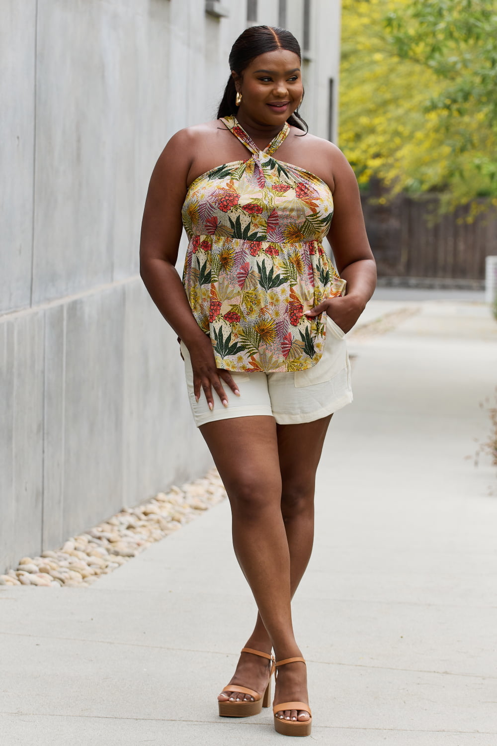 Be Stage Full Size Floral Halter Top in Green-Teresa&#39;s Fashionista LLC