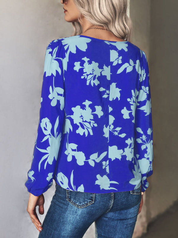 Printed Tie Neck Long Sleeve Blouse-Teresa's Fashionista LLC