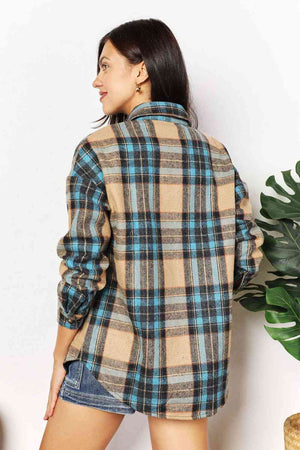 Double Take Plaid Curved Hem Shirt Jacket with Breast Pockets-Teresa's Fashionista LLC