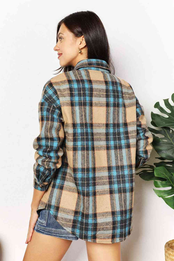 Double Take Plaid Curved Hem Shirt Jacket with Breast Pockets-Teresa's Fashionista LLC