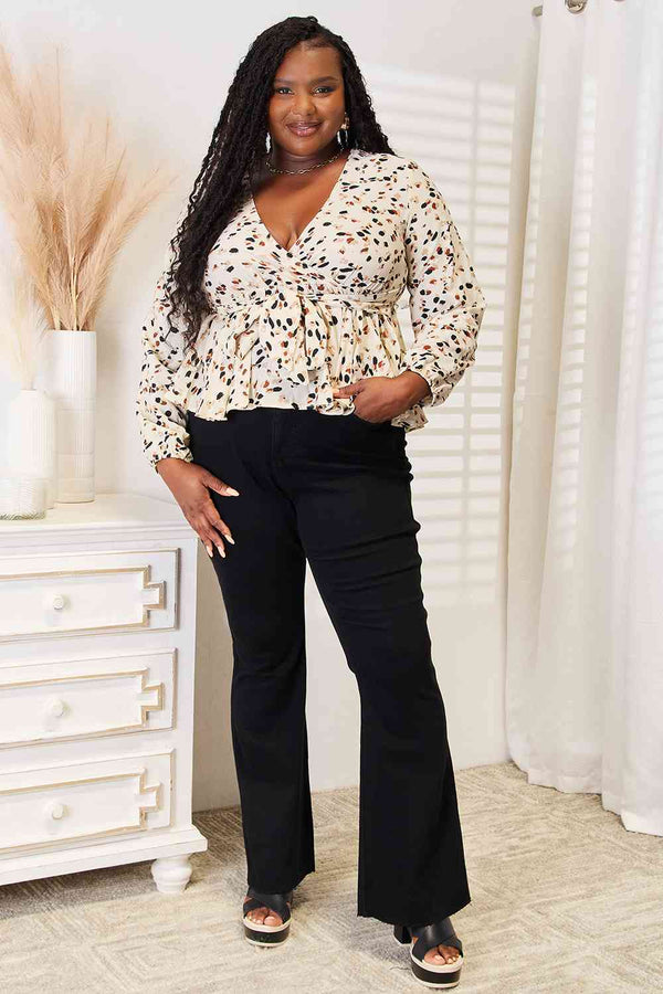 Double Take Printed Tied Plunge Peplum Blouse-Teresa's Fashionista LLC
